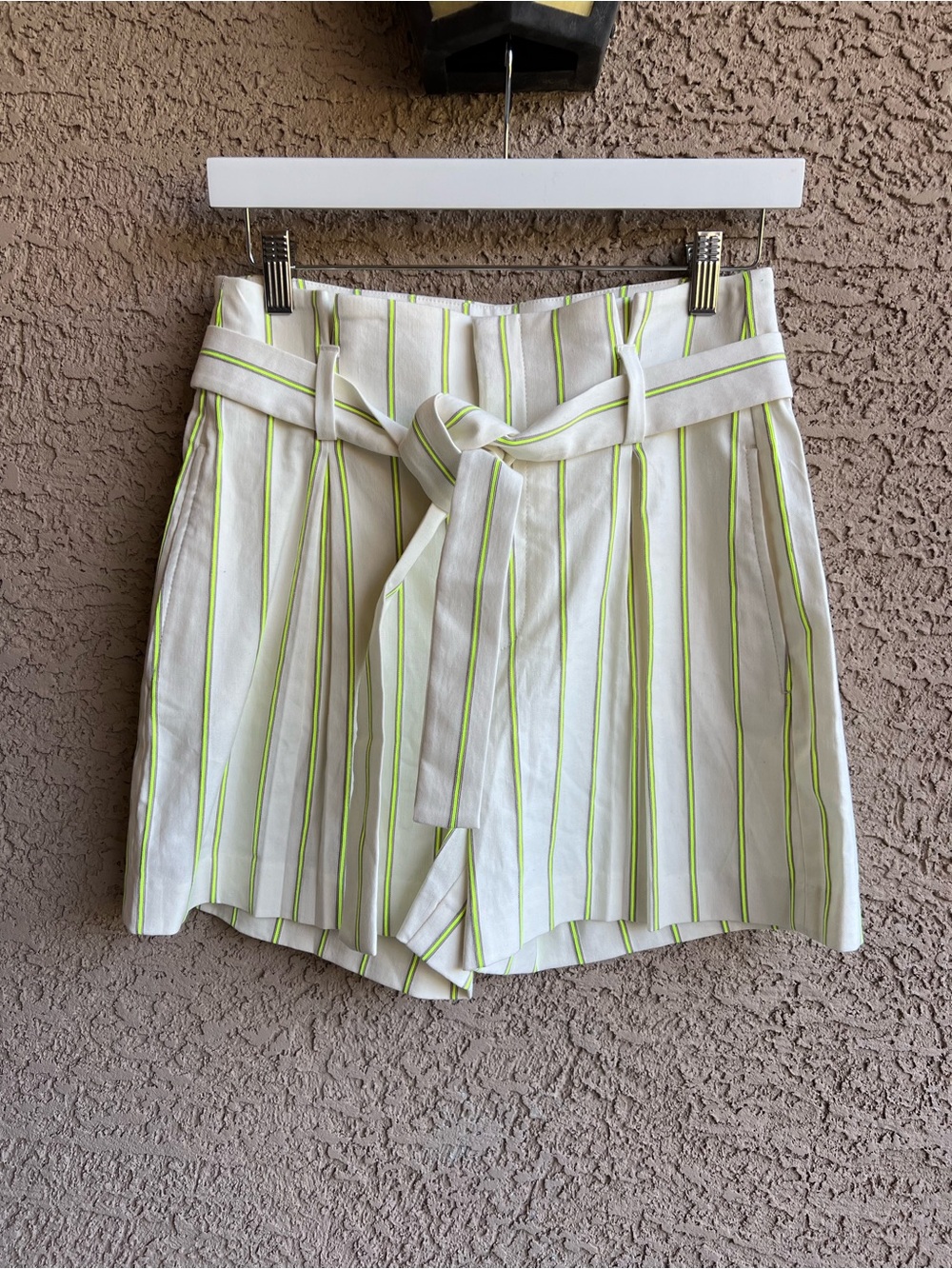 Banana Republic Striped Paperbag High Waisted Pleated Shorts Ivory Neon Lime
